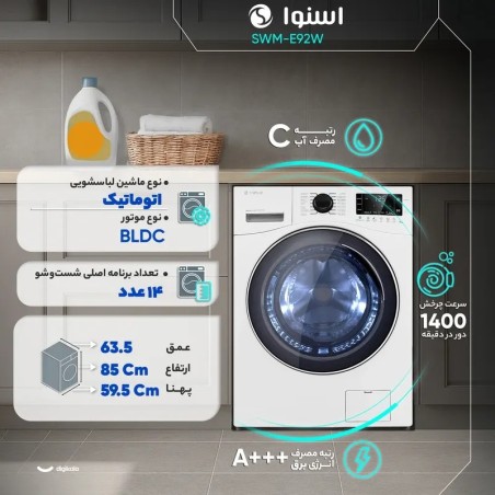 اینفوگرافیک ماشین لباسشویی 9 کیلویی اسنوا مدل SWM-E92W